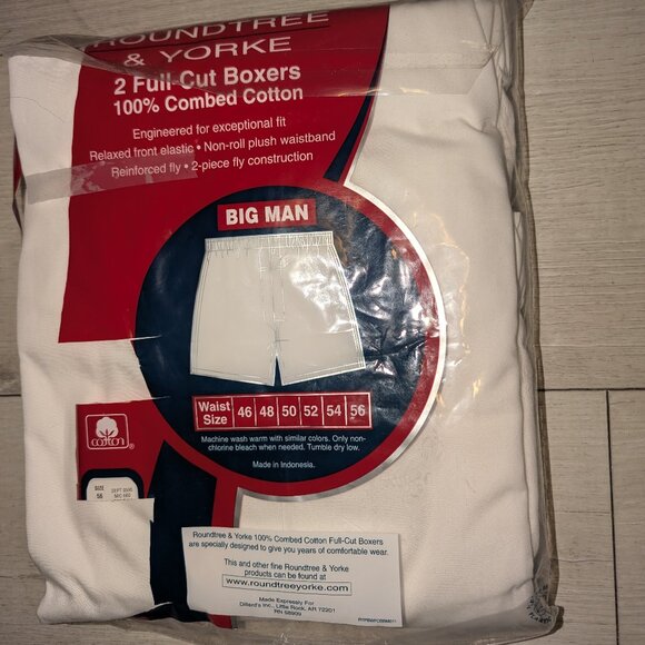 2 Pack Roundtree & Yorke 100% Cotton White Big Man Full-Cut Boxers Size 56 - Picture 2 of 5